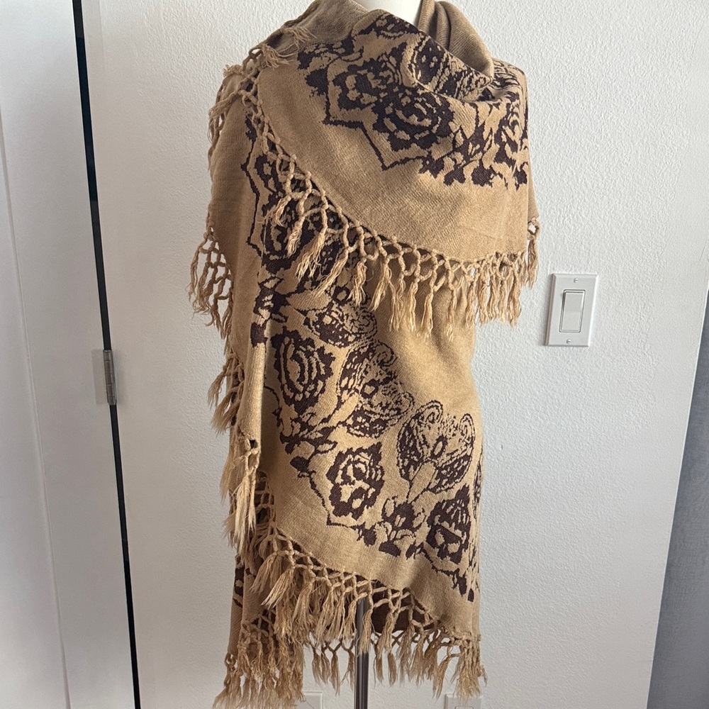 Fringed Floral Tan Shawl